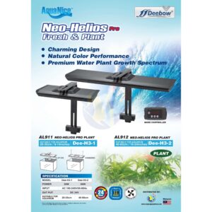 Deebow Neo-Helios Pro LED plant light features, model AL911 and AL912, showcasing charming design and premium water plant growth spectrum.