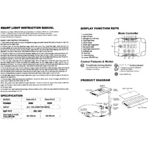 Smart light instruction manual featuring display function keys, specifications, and product diagram for Deebow Neo-Helios Pro LED.