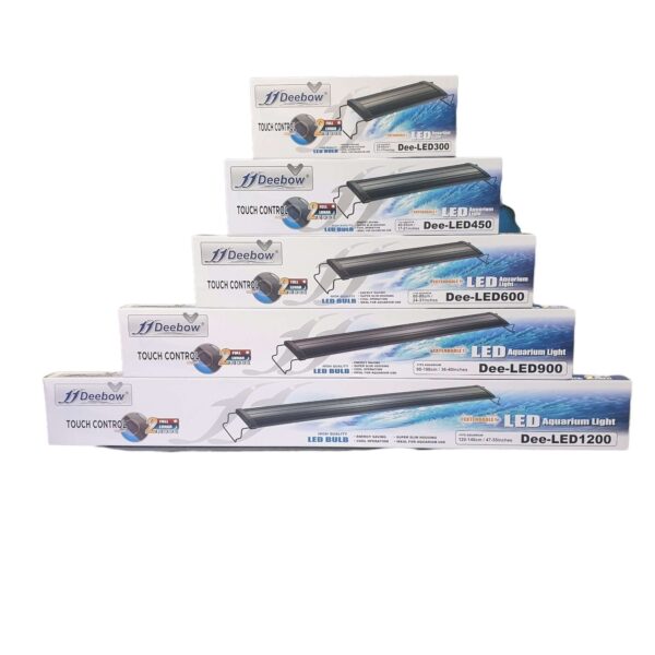 Deebow Touch Control LED Lighting models Dee-LED300, Dee-LED450, Dee-LED600, Dee-LED900, Dee-LED1200 in packaging.