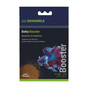 Dennerle Betta Booster 30ml staple food for fighting fish featuring soft granules with 35% insect content.