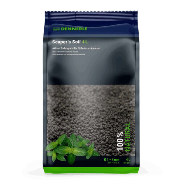 Dennerle Scaper's Soil 4L nutrient substrate for planted aquaria, promoting strong plant growth and healthy water.