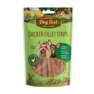 Dog Fest Chicken Fillet Strips 55g packaging featuring small breed dogs, highlighting natural ingredients and tasty dog treats.
