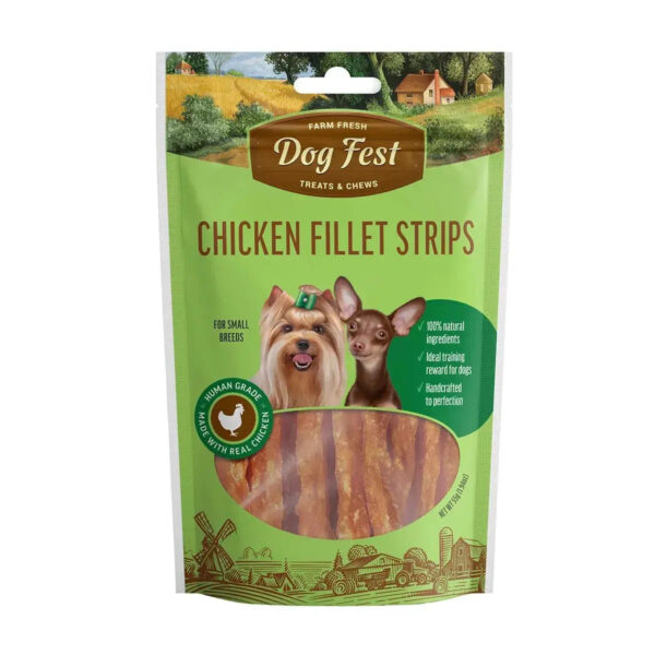 Dog Fest Chicken Fillet Strips 55g packaging featuring small breed dogs, highlighting natural ingredients and tasty dog treats.