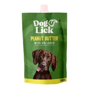 Dog Lick Peanut Butter with Collagen 500g pouch, featuring a happy dog on the packaging, ideal for healthy dog treats.
