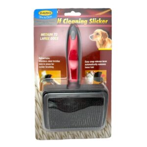 Dog self-cleaning slicker brush for medium to large dogs with retractable bristles for easy grooming.