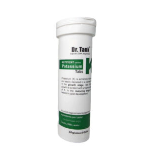 Dr. Tank K Potassium Tablets 20g container for aquarium plant growth and color enhancement.