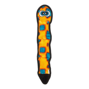 Durablez Snake Large plush dog toy in vibrant orange and blue, designed for tough play and cuddly comfort.