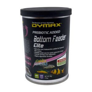 Dymax Bottom Feeder Elite packaging highlighting prebiotic ingredients for sinking wafers for bottom-dwelling fish.