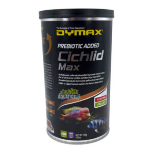 Dymax Cichlid Max high protein floating pellets for carnivorous cichlids in a 120g canister.