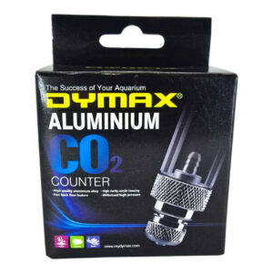 Dymax Aluminium CO2 Bubble Counter packaging showcasing its features for aquarium use.