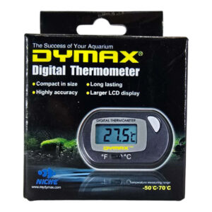 Dymax Digital Thermometer packaging with large LCD display for accurate aquarium temperature monitoring.