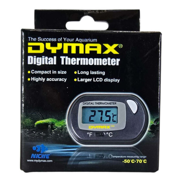 Dymax Digital Thermometer packaging with large LCD display for accurate aquarium temperature monitoring.
