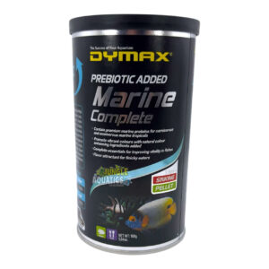 Dymax Marine Complete premium pellet fish food for carnivorous and omnivorous marine fish in packaging.