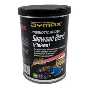 Dymax Seaweed Blend Flakes container for premium marine fish food, rich in Vitamin C and nutrients.