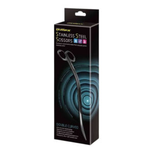 Dymax Stainless Steel Double Curved Scissors packaging for aquatic plant trimming, featuring a black anodized finish.