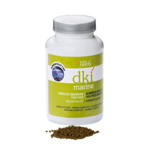 Easy Reefs DKI Marine Fish Food Pellets in a jar with small pellets displayed, ideal for omnivorous saltwater fish nutrition.