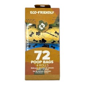 Eco-friendly dog poop bags packaging featuring 72 biodegradable bags in four rolls for responsible pet waste disposal.