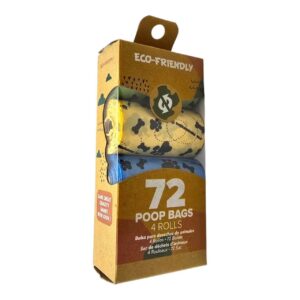 Eco-friendly dog poop bags packaging, featuring 72 biodegradable bags in eco-conscious design.