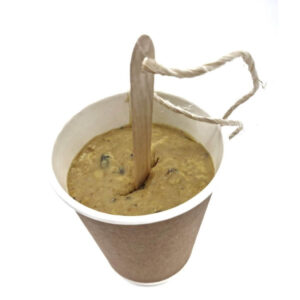Elaine's Birding Happy Hopper Suet Lolly in a paper cup, featuring a wooden stick for easy hanging. Ideal for garden birds.