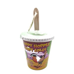 Elaine's Birding Happy Hopper Suet Lolly 350g colorful packaging featuring a cape robin-chat illustration.