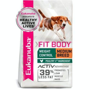 Eukanuba Fit Body Weight Control Dog Food for Medium Breeds, promoting lean muscle mass with 39% less fat.