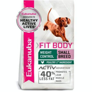Eukanuba Fit Body Weight Control Dog Food for small breeds with real chicken, promoting lean muscle mass and 40% less fat.