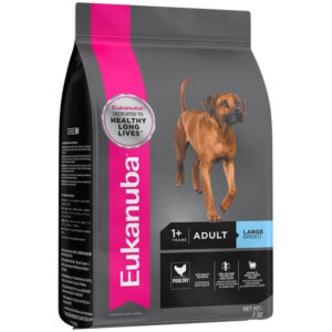 Eukanuba Large Breed Adult Dog Food 3kg bag featuring a healthy dog, formulated for adult dogs over 1 year.
