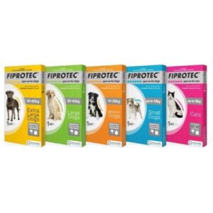 Fiprotec Tick and Flea Treatment boxes for different dog sizes=