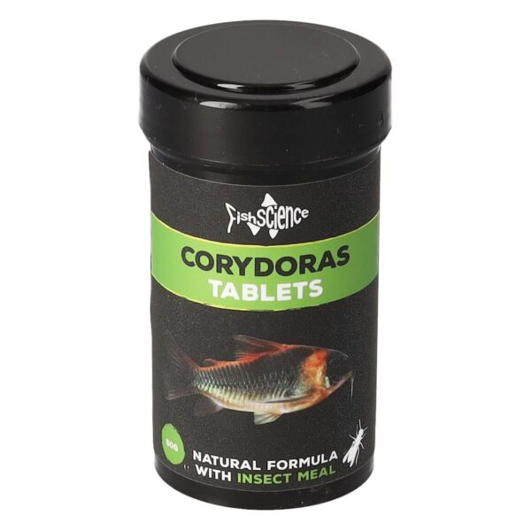 Fish Science Corydoras Bottom Feeder Tablets container featuring natural formula with insect meal for aquatic diets.