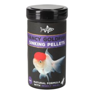 Fish Science Fancy Goldfish Sinking Pellets 55g container with a white and red goldfish on the label, featuring natural insect meal formula.