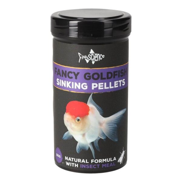 Fish Science Fancy Goldfish Sinking Pellets 55g container with a white and red goldfish on the label, featuring natural insect meal formula.