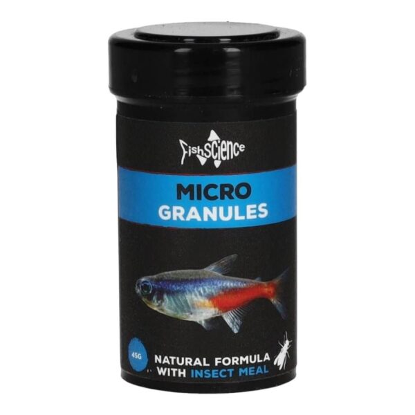 Fish Science Micro Granules for small fish, natural insect-based diet, 46g container with high-grade ingredients.