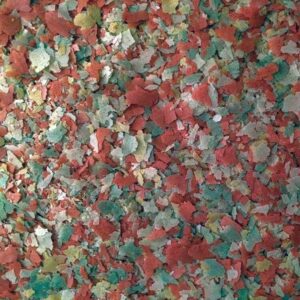 Colorful fish food flakes for pond fish, providing a nutritious diet for aquatic life.