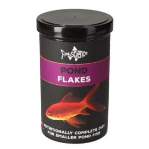 Fish Science Pond Flakes container, a complete diet for pond fish under 20cm, featuring a goldfish illustration.