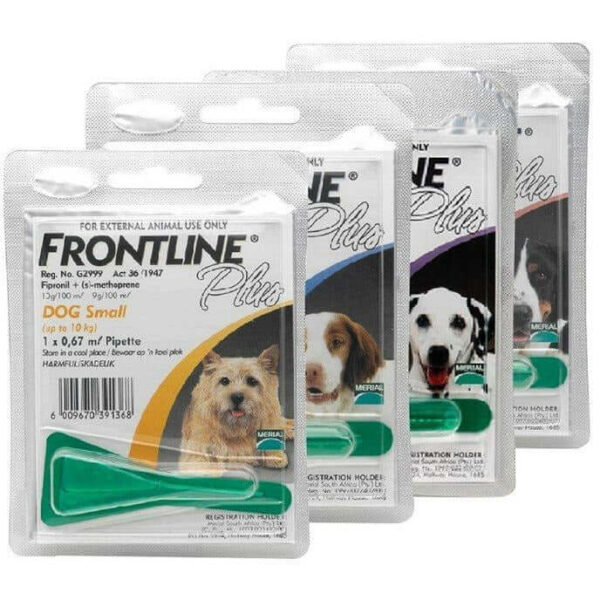 Frontline Plus for Dogs packaging showcasing flea and tick prevention treatment for small dogs.