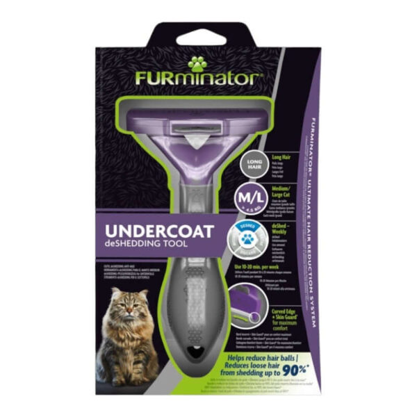 Furminator Cat DeShedding Tool for long hair, reduces shedding by up to 90%, featuring stainless steel edge and curved design.