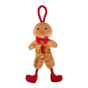 Stuffed George Gingerbread Man toy with a rope handle, squeaky surprise, perfect for holiday playtime for dogs.
