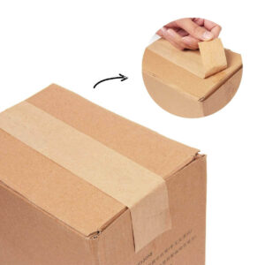 GoGreen water-activated kraft paper tape being applied to a cardboard box for secure sealing.