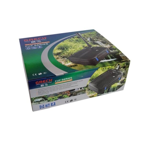 Grech CUF Series Internal Fountain Pond Filter with UV light packaging display on a garden background.