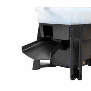 Grech Solar Auto Pond Fish Feeder close-up showing feeding chute and adjustable settings for automatic fish feeding.