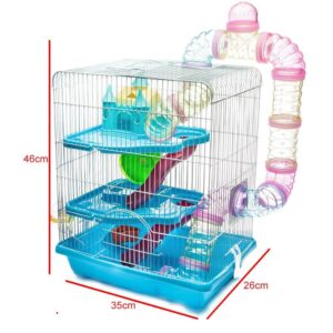 Hamster Cage Castle Series Blue YDA307 with two levels, tunnel, and assorted accessories, dimensions 35x26x46cm.
