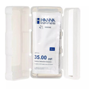 Hanna Instruments salinity calibration solution packet in protective case, 35.00 ppt for accurate marine testing.