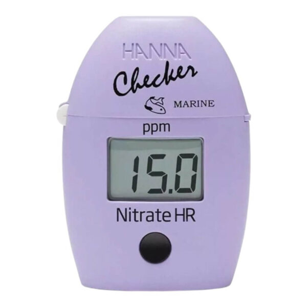 Hanna HI782 Nitrate High Range Colorimeter displaying 15.0 ppm for marine water testing.