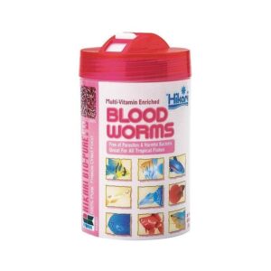 Hikari Bio-Pure FD Blood Worms container, multi-vitamin enriched, ideal food for tropical fish, premium freeze-dried treat.