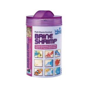 Hikari Bio-Pure FD Brine Shrimp packaging, a nutritious treat for tropical and marine fish, featuring vibrant fish images.