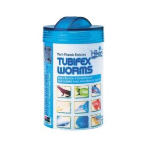 Hikari Bio-Pure FD Tubifex Worms 22g container, premium freeze-dried food for tropical fish and reptiles.