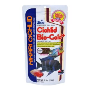 Hikari Cichlid Bio-Gold Plus 250g fish food package, ideal for carnivorous cichlids and tropical fish. Color-enhancing formula.