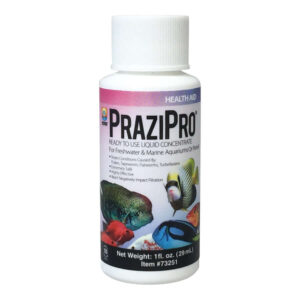 Hikari PraziPro liquid concentrate bottle for controlling aquarium and pond parasites, safe for freshwater and marine environments.