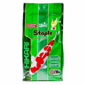 Hikari Staple Goldfish and Koi Food bag featuring premium ingredients for optimal growth and health.