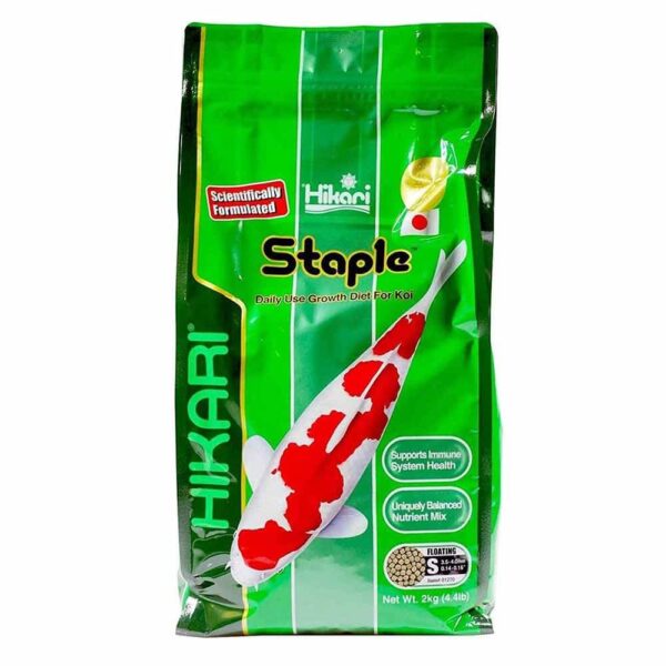 Hikari Staple Goldfish and Koi Food bag featuring premium ingredients for optimal growth and health.